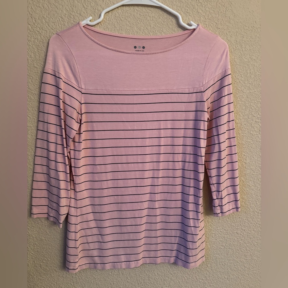 Three Dots Pink Striped 3/4 Sleeve Top Small